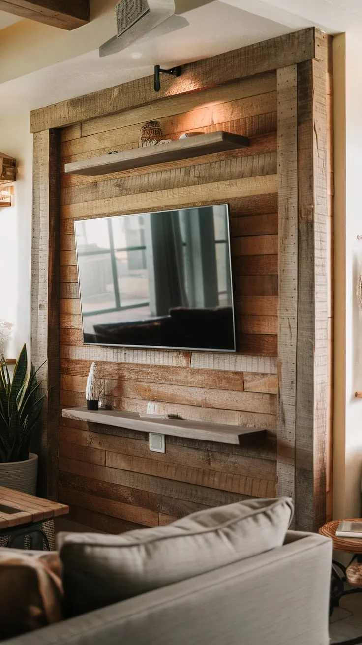 The heart of the home, redefined. This handcrafted wooden TV wall, featuring integrated shelving and a thoughtfully placed plant, brings a unique warmth and character to the living space. It's a beautiful blend of rustic aesthetics and functional design, creating a truly inviting ambiance.