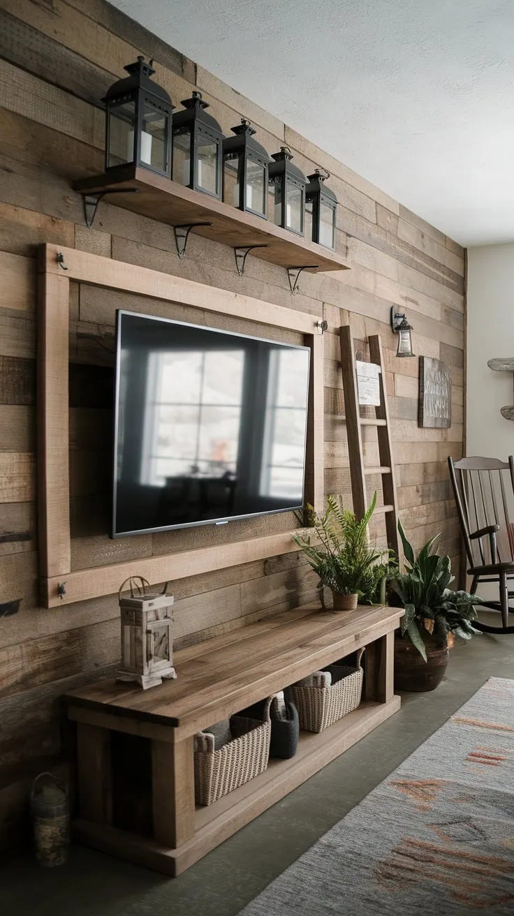 A thoughtfully designed media center, showcasing the beauty of reclaimed wood. The warm tones of the wood accent wall and the handcrafted TV frame create a welcoming atmosphere. A few carefully chosen accessories, such as the lanterns and the small ladder, add personality and depth to the space. A testament to the power of simple, yet impactful design choices.