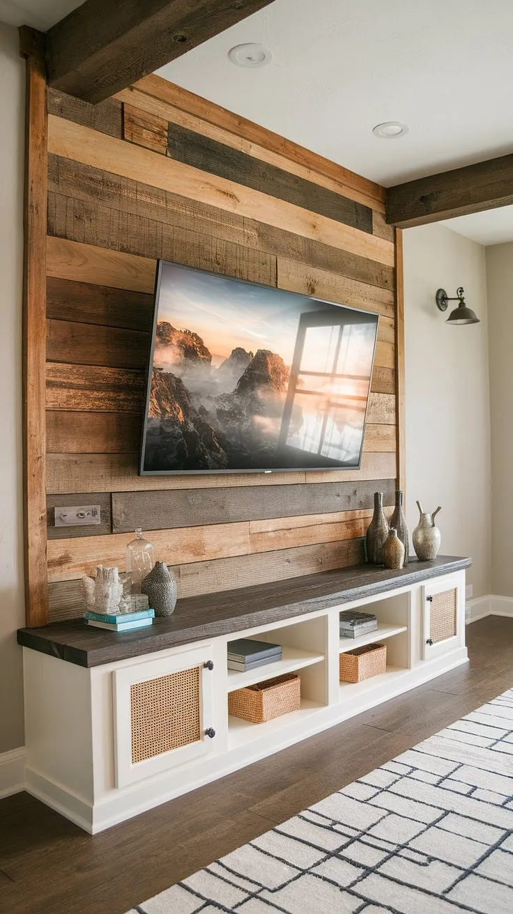 This rustic entertainment wall is the epitome of cozy sophistication. The rich wood tones and thoughtfully designed shelving create a stunning focal point, while seamlessly integrating the TV into the space. A truly inviting and functional addition to any home.