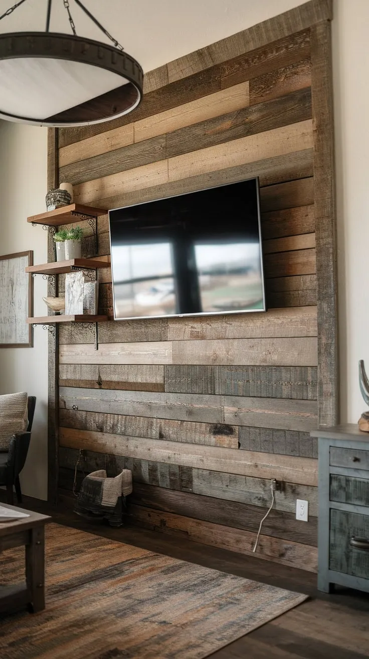 This living room's rustic wood accent wall is a stunning focal point, showcasing a blend of textures and styles. The mounted TV seamlessly integrates with the warm wood tones, while the decorative shelves and unique lighting add character and depth. The empty nails on the wall offer a playful invitation to personalize the space further.