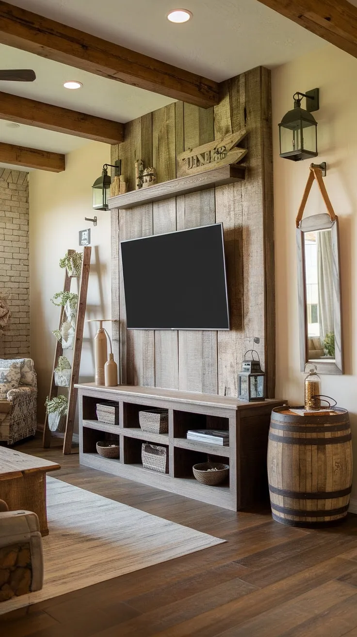 The exposed brick, wood beams, and handcrafted entertainment wall featuring a rustic wooden panel, seamlessly integrate to create a living space brimming with character. The addition of a ladder, barrel, and carefully placed accents elevates the room's ambiance, offering a unique and inviting retreat. A true reflection of rustic elegance.