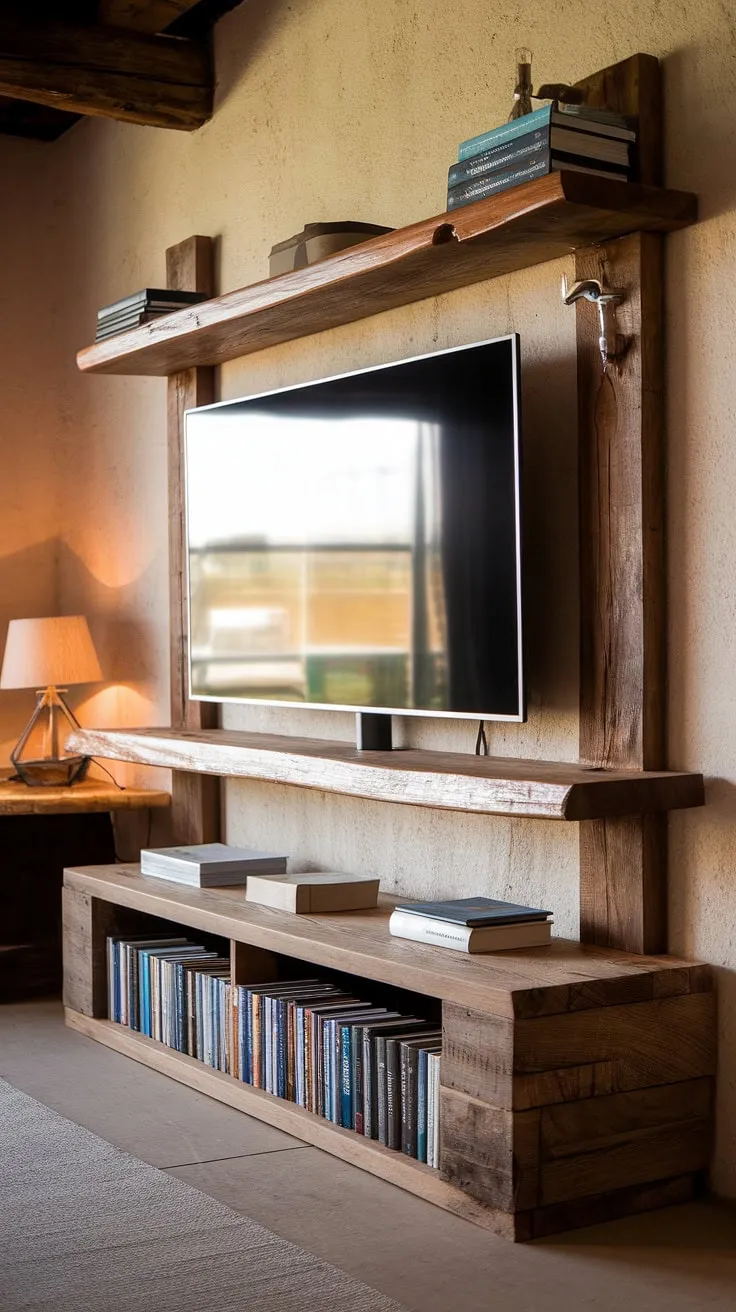 Rustic charm meets modern convenience. This entertainment center, built with reclaimed wood and a touch of warmth, seamlessly blends the old with the new, creating a cozy and inviting atmosphere. The large flat-screen TV sits perfectly on the handcrafted shelf, above ample storage for books and other essentials. A perfect example of how to integrate technology into a traditionally styled space.