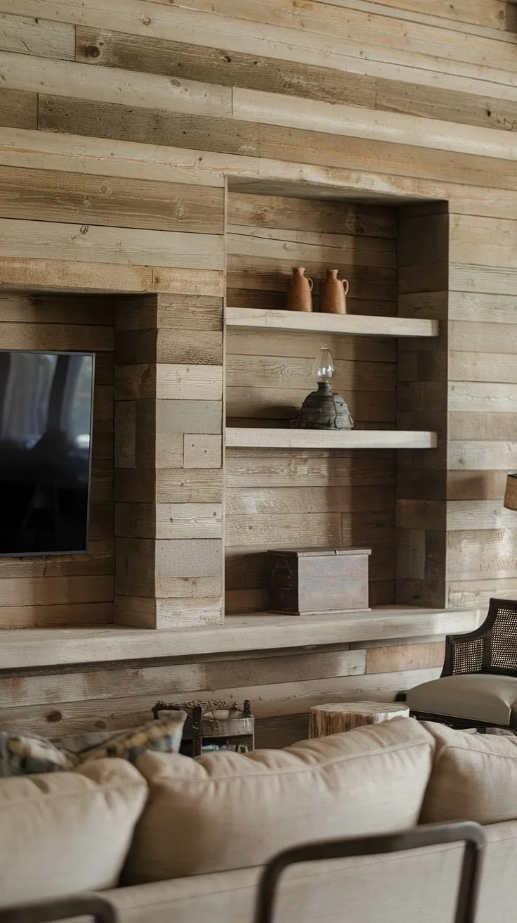 This living room's reclaimed wood feature wall is a stunning focal point. The natural imperfections of the wood, the thoughtfully placed shelves displaying treasured items, and the soft beige sofa create a relaxed and inviting atmosphere. A testament to the beauty of imperfection and the art of comfortable living.