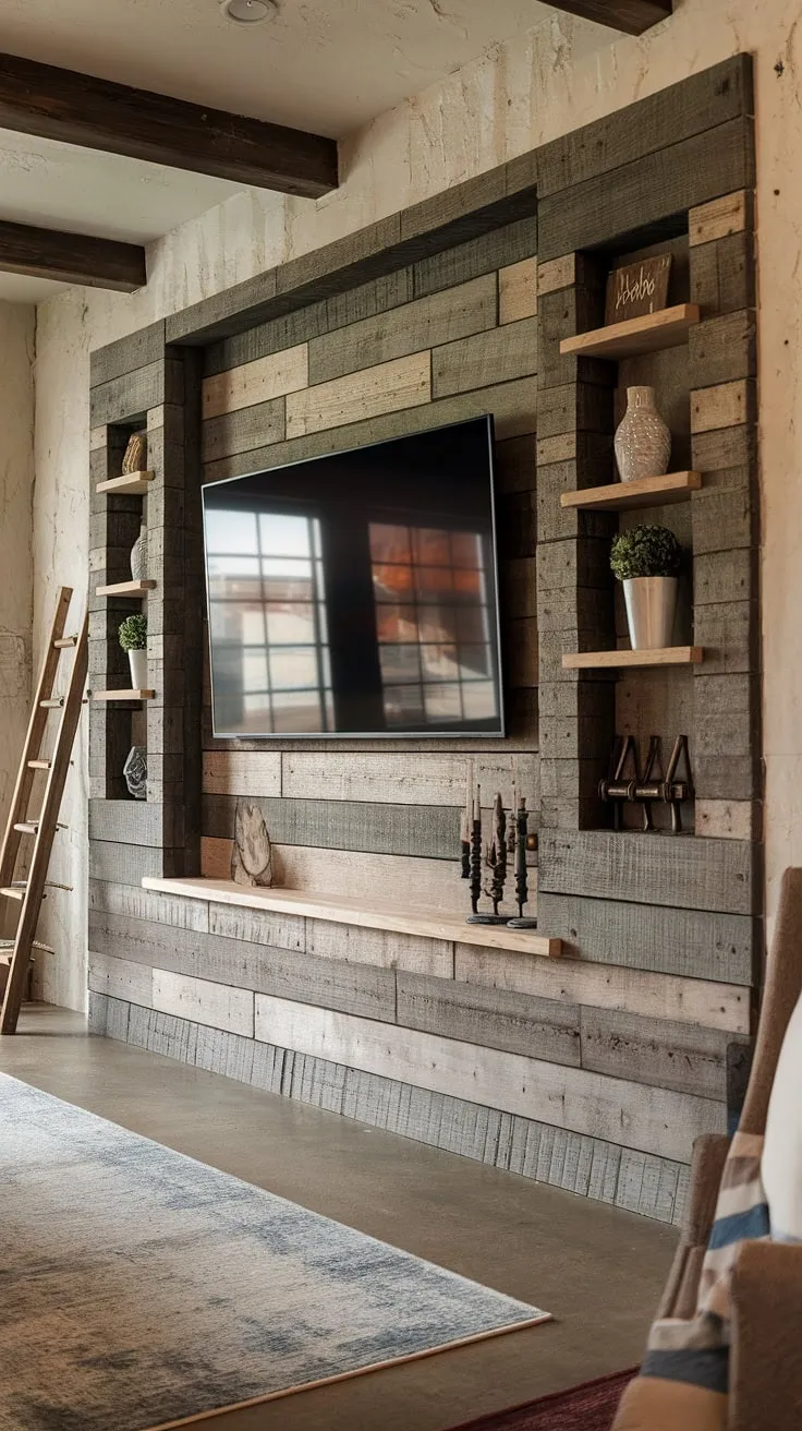 This reclaimed wood feature wall is the heart of the room. A testament to rustic elegance, the handcrafted shelves and spacious TV niche are perfectly complemented by the aged wood and exposed beams. The overall effect is a space that feels both lived-in and luxurious; a place where comfort and style seamlessly coexist.