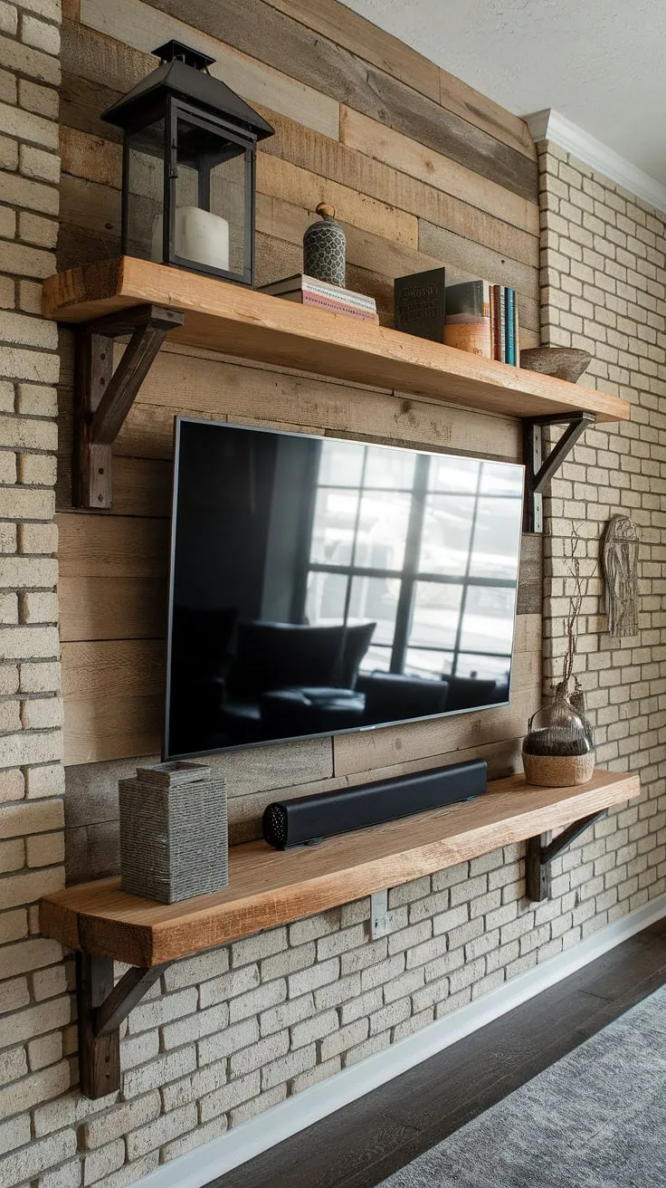 The warmth of wood and the character of exposed brick come together beautifully in this stunning TV wall design. A thoughtfully designed shelf above the mounted television provides ample space for displaying cherished items, adding personality and a touch of rustic elegance to the room. A truly captivating focal point.