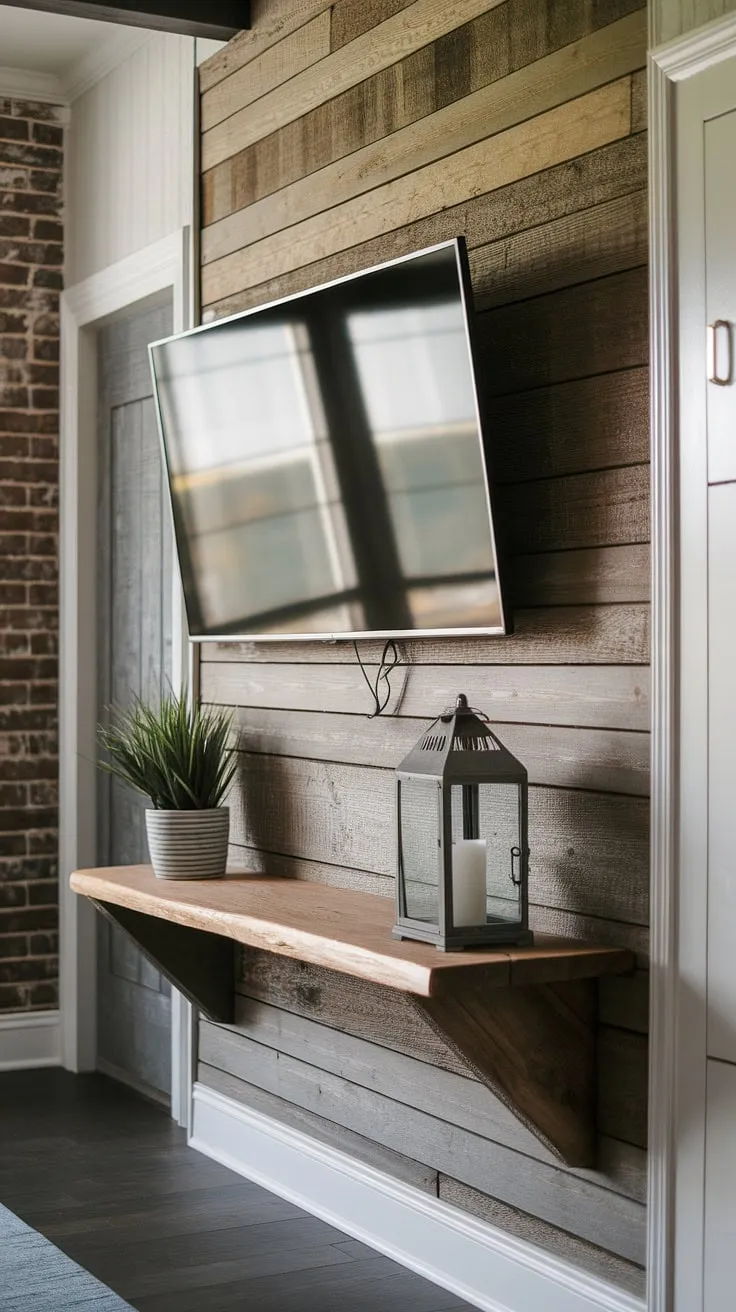 A blend of textures and tones creates a captivating focal point in this living space. The rustic wood wall, featuring a weathered panel, provides a stunning backdrop for the mounted TV and its accompanying shelf, showcasing A delightful collection of decorative items. The contrasting brick and white door complete the inviting ambiance.
