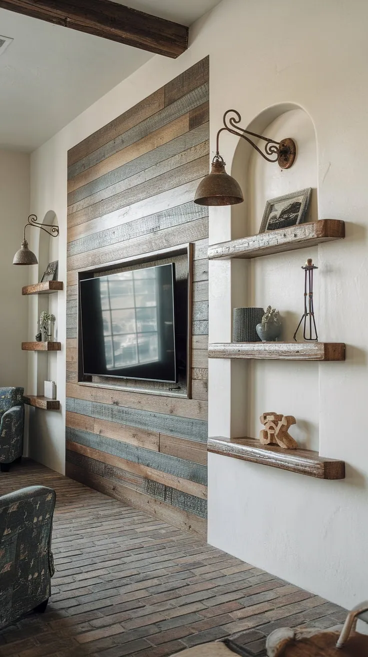 This rustic TV wall, complete with a wood accent and ample shelving, perfectly blends warmth and functionality. The iron lamp adds a touch of vintage charm, creating a cozy atmosphere in this brick-floored living space. A testament to thoughtful design, it's the perfect blend of rustic charm and modern convenience. A truly inviting space.