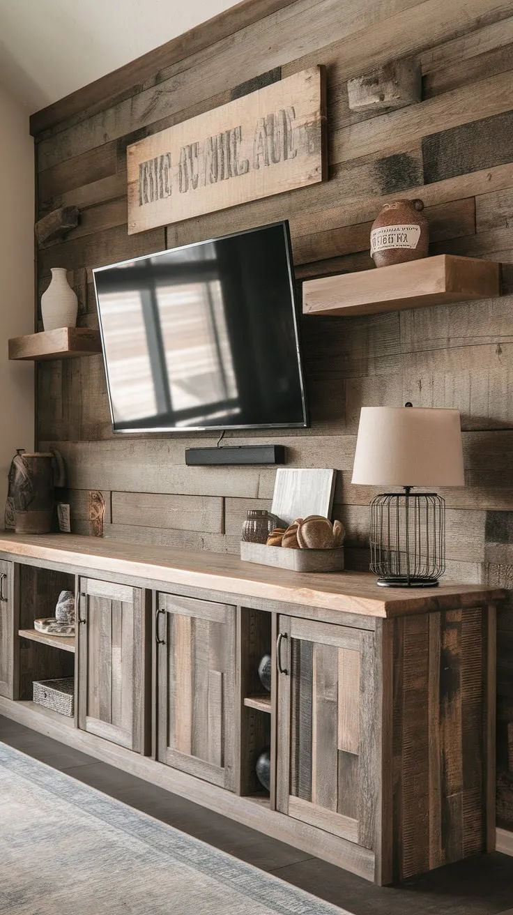 This rustic TV wall is the perfect blend of cozy and stylish. The reclaimed wood cabinet, complete with built-in shelving and a warm lamp, creates a focal point that's both functional and aesthetically pleasing. A touch of personality is added with carefully chosen decorative items, resulting in a space that feels uniquely A home.