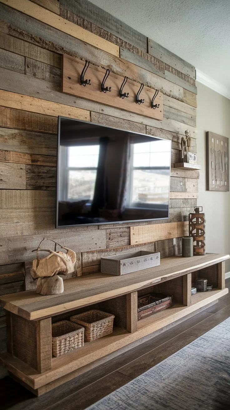 A stunning blend of old-world craftsmanship and sleek technology. This handcrafted TV wall unit, featuring reclaimed wood and ample storage, is a testament to thoughtful design. The textured wood and carefully curated décor create a cozy atmosphere, while the integrated TV ensures effortless entertainment. A truly unique and captivating centerpiece for any home.
