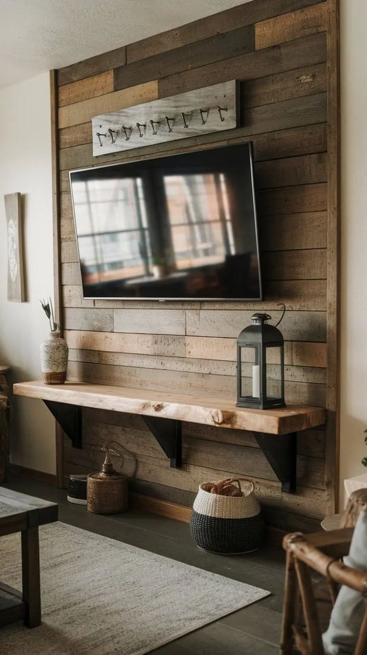 This wood-accented wall masterfully combines rustic charm and modern design, transforming a simple backdrop into a stunning statement piece.
