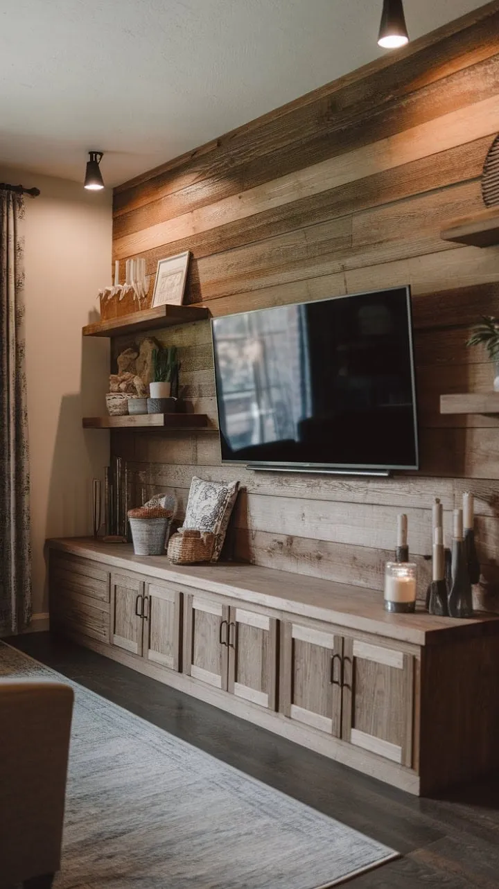 This cozy living space harmoniously combines rustic charm with modern convenience, featuring a wood-paneled accent wall and integrated shelving that exude warmth and comfort.