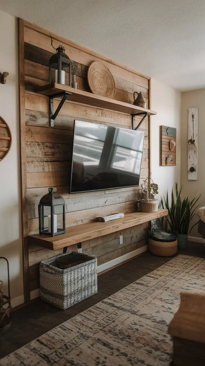 This wood-accented wall, adorned with a curated collection of unique items, transforms a simple space into a stylish haven of comfort and intentional design.
