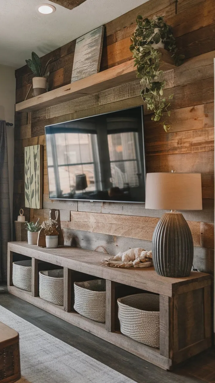 This wooden entertainment center masterfully combines rustic elegance with modern living, creating a stylish and inviting space enhanced by warm lamplight and vibrant greenery.