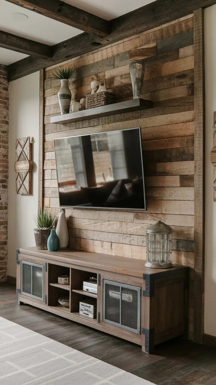 In this rustic haven, the cozy embrace of wood and the sturdy allure of brick unite, enhanced by a stylish media center and decorative shelves that showcase cherished {{A}}.