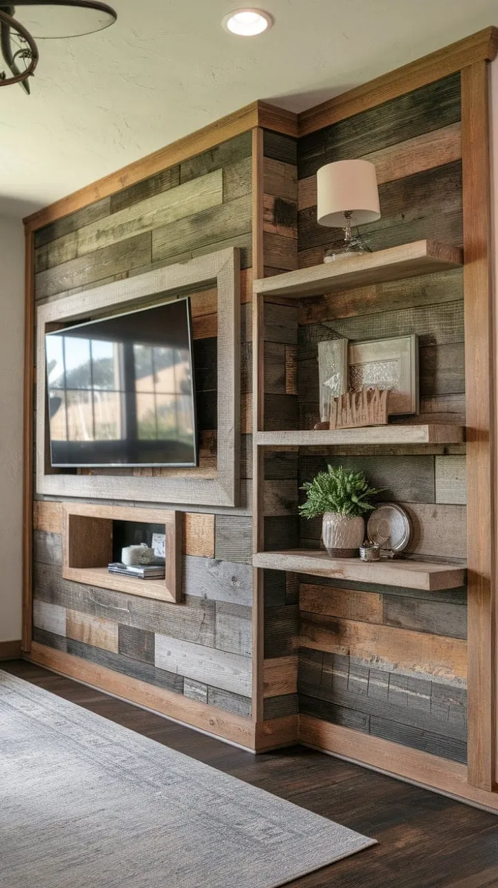 This wood-accented TV wall seamlessly fuses rustic charm with modern convenience, offering a stylish and inviting space that showcases thoughtful design.