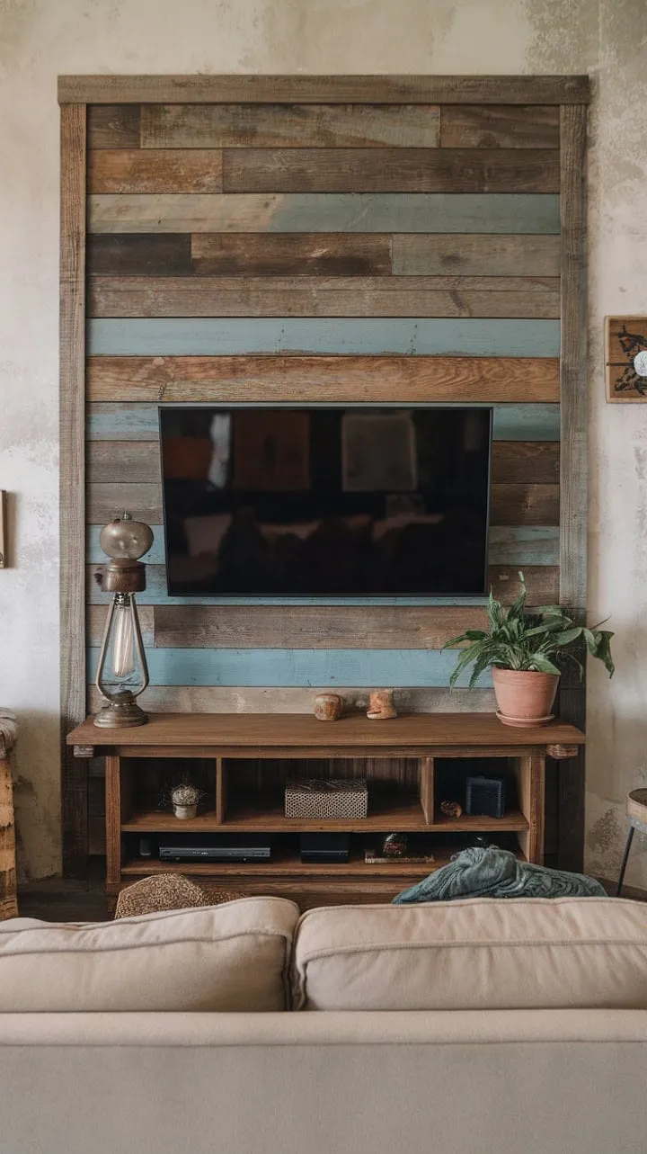This inviting living space blends the warmth of wood and vintage lighting with a rustic TV wall, showcasing a curated collection of plants that exudes effortless style and charm.