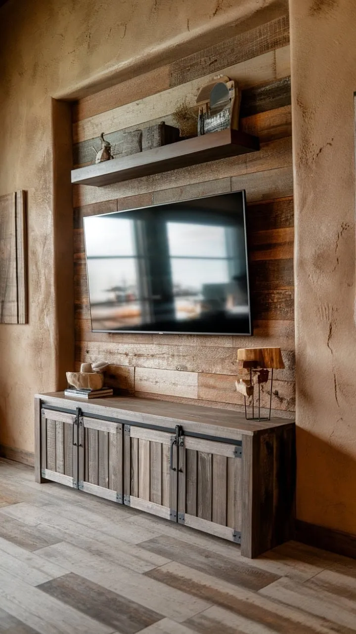This entertainment center harmoniously blends rustic charm with modern elegance, featuring a stunning wooden accent wall and stylish floating shelves for a cozy yet sophisticated ambiance.