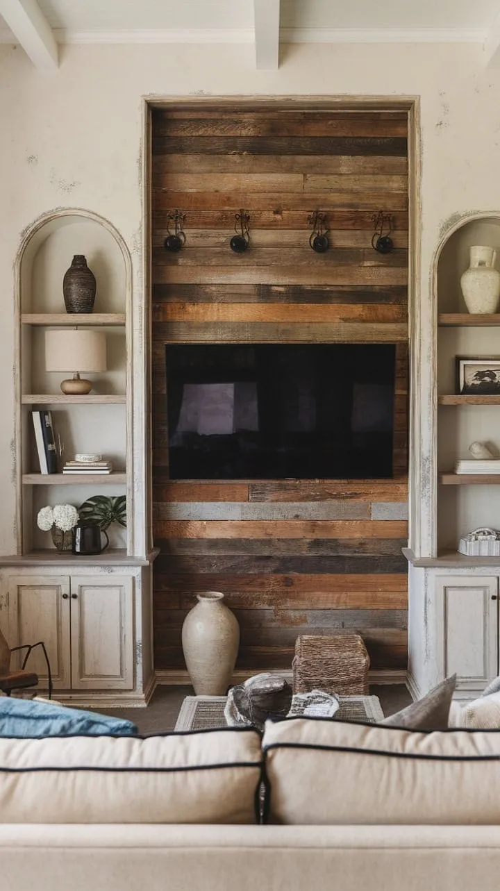 This handcrafted wooden TV unit blends rustic charm with modern convenience, serving as a warm centerpiece for displaying cherished items in a cozy living space.