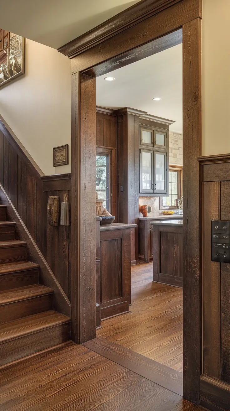 A captivating blend of rustic charm and sophisticated design. The dark, faux-finished wainscoting, with its intricate picture frame detailing, adds depth and character to every space, from the hallway to the kitchen, even extending gracefully up the staircase. A beautiful example of architectural detail.