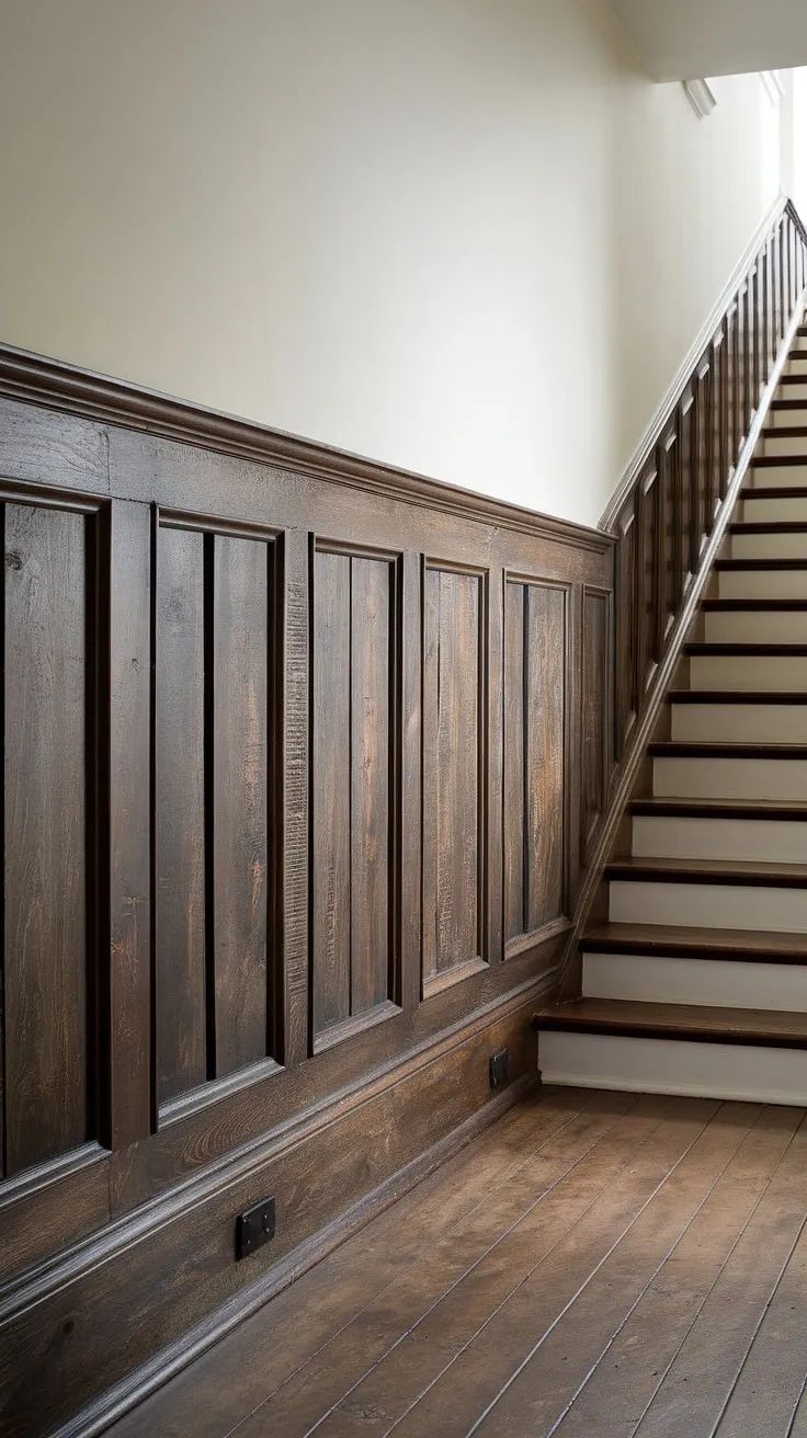 A captivating hallway, where the deep tones of the rustic wainscoting contrast beautifully with the lighter walls above. The distressed wood flooring and the continuation of the wainscoting around the staircase create a cohesive and inviting atmosphere. A truly stunning example of classic design.