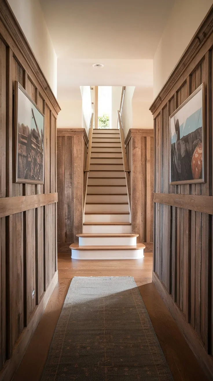 The rustic charm of this hallway, with its wood wainscoting extending to the ceiling, creates a warm and inviting atmosphere. The detailed picture frame design adds a touch of elegance, while the soft light above complements the rich wood tones and the inviting staircase ahead.