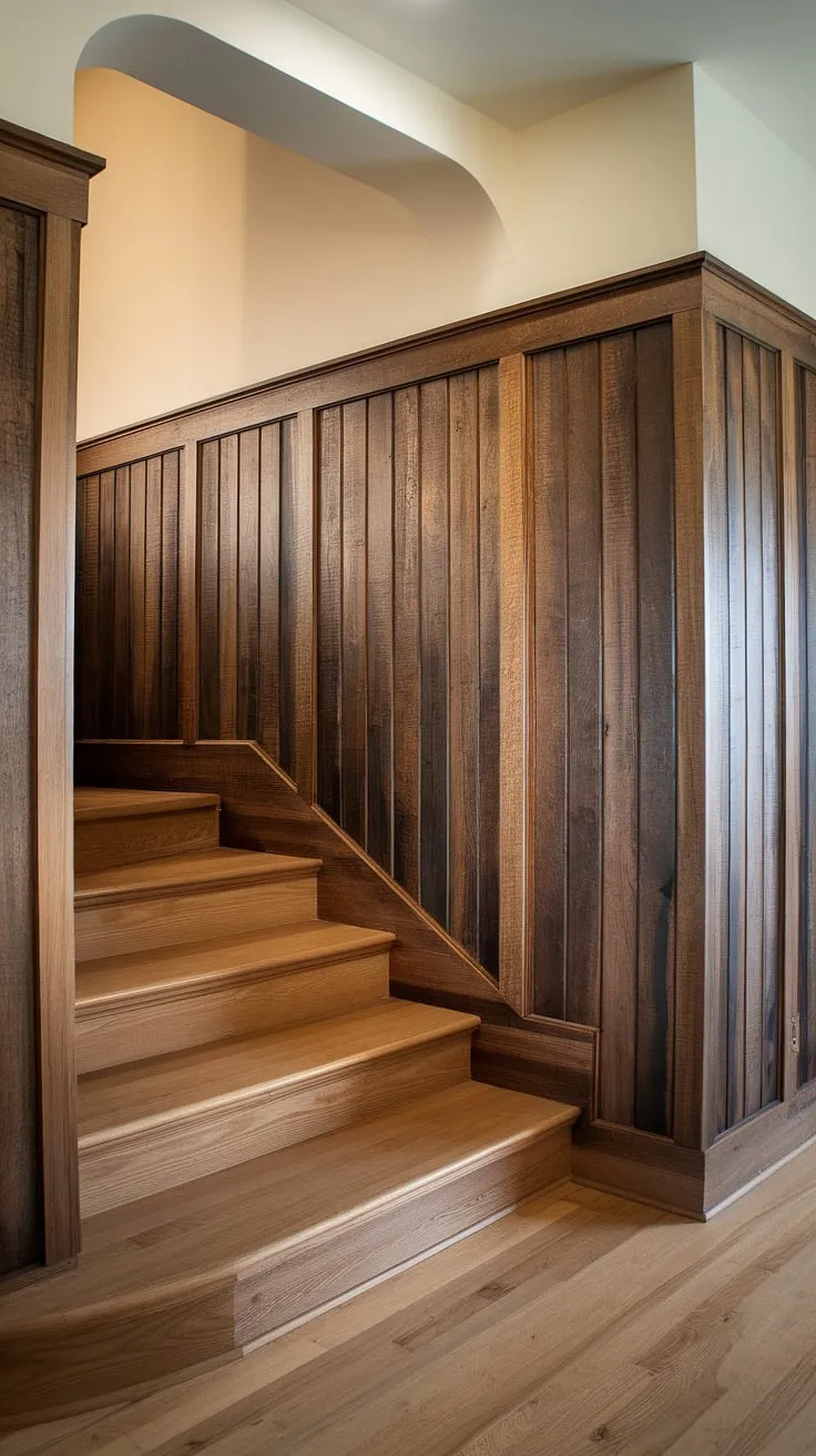 A symphony of textures and tones: the deep, warm hues of the wood wainscoting meet the bright, airy white ceiling, creating a hallway that's both inviting and sophisticated. A true testament to classic craftsmanship.