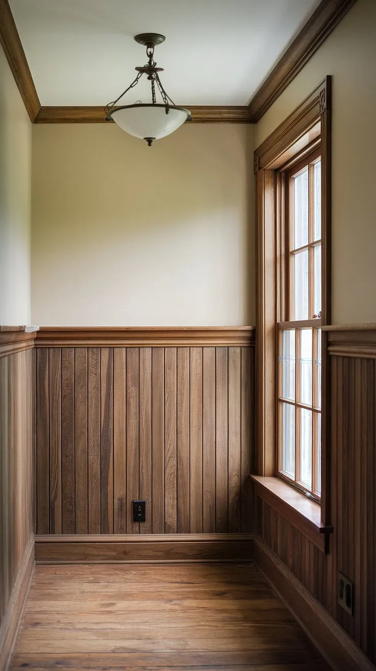 The warm glow of the overhead light dances across the rich wood wainscoting, a testament to enduring craftsmanship. This rustic hallway, with its simple elegance, whispers tales of generations past. A timeless beauty, a quiet sanctuary, a home.