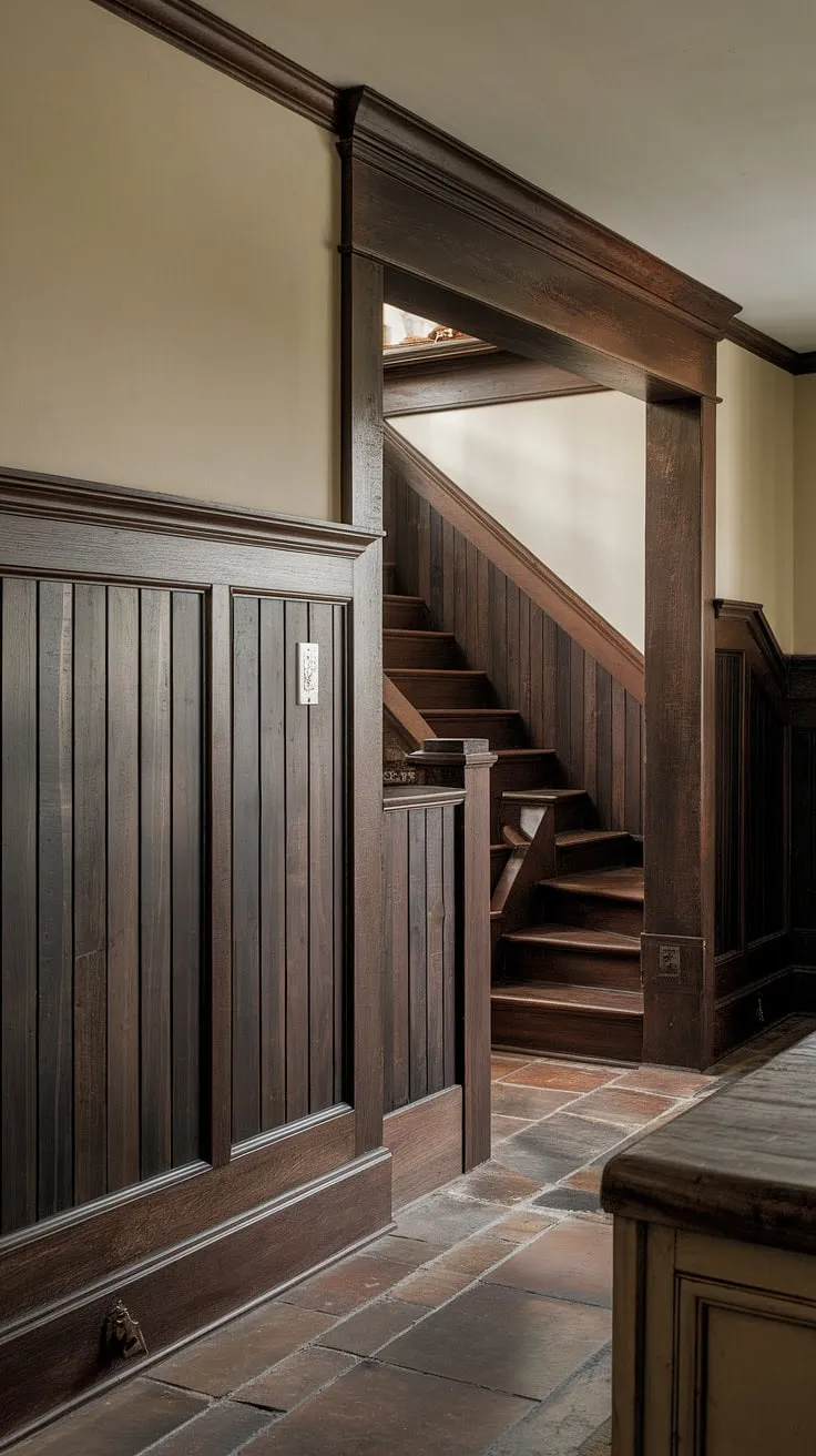 A stunning example of Craftsman design, this kitchen's dark wood wainscoting is a showstopper. From the floor to the ceiling, the rich wood creates a sense of warmth and depth. A beautiful staircase, similarly paneled, leads the eye upwards, while the tiled floor adds a touch of practicality. A space where history and modern living seamlessly coexist. A kitchen that's both inviting and impressive.