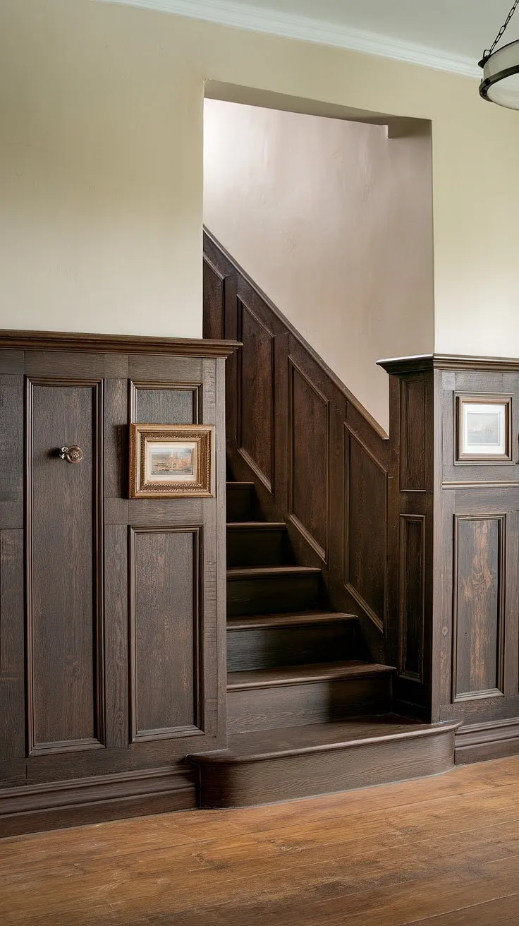 This rustic kitchen's heart is its stunning dark wood wainscoting, a testament to enduring craftsmanship. The picture frame design, bordered in crisp white, creates a captivating visual rhythm. A cozy atmosphere is achieved through the careful selection of materials and the warm beige walls above.