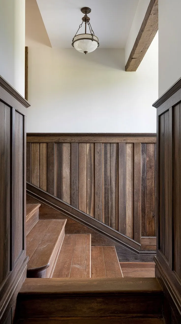 The dark, rustic wainscoting adds a touch of timeless elegance to this hallway, its rich wood grain contrasting beautifully with the crisp white walls above. The warm hardwood floors and gentle light create a welcoming atmosphere, leading the eye up the inviting staircase.