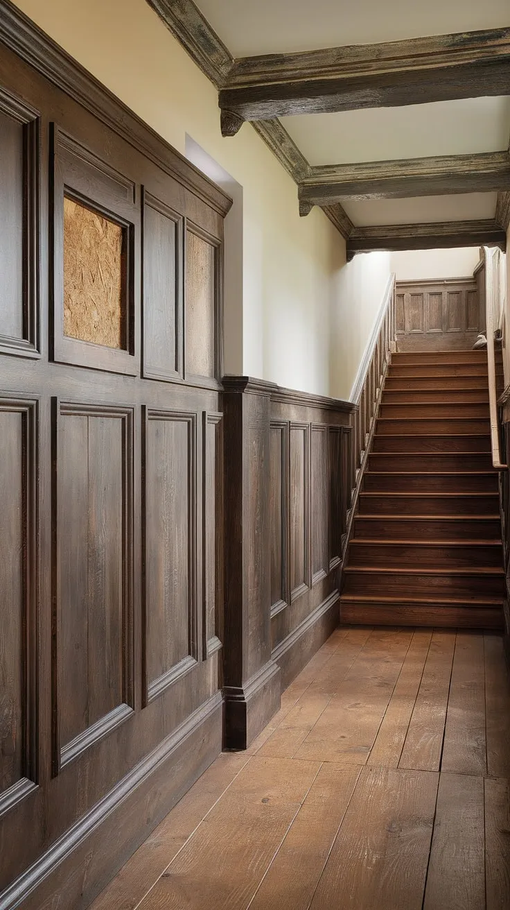A journey begins with a single step, and this hallway, with its meticulously crafted wainscoting and warm wooden floors, sets the stage for an unforgettable experience. The architectural details, from the framed panels to the exposed beams, whisper tales of history and craftsmanship. A truly captivating space.