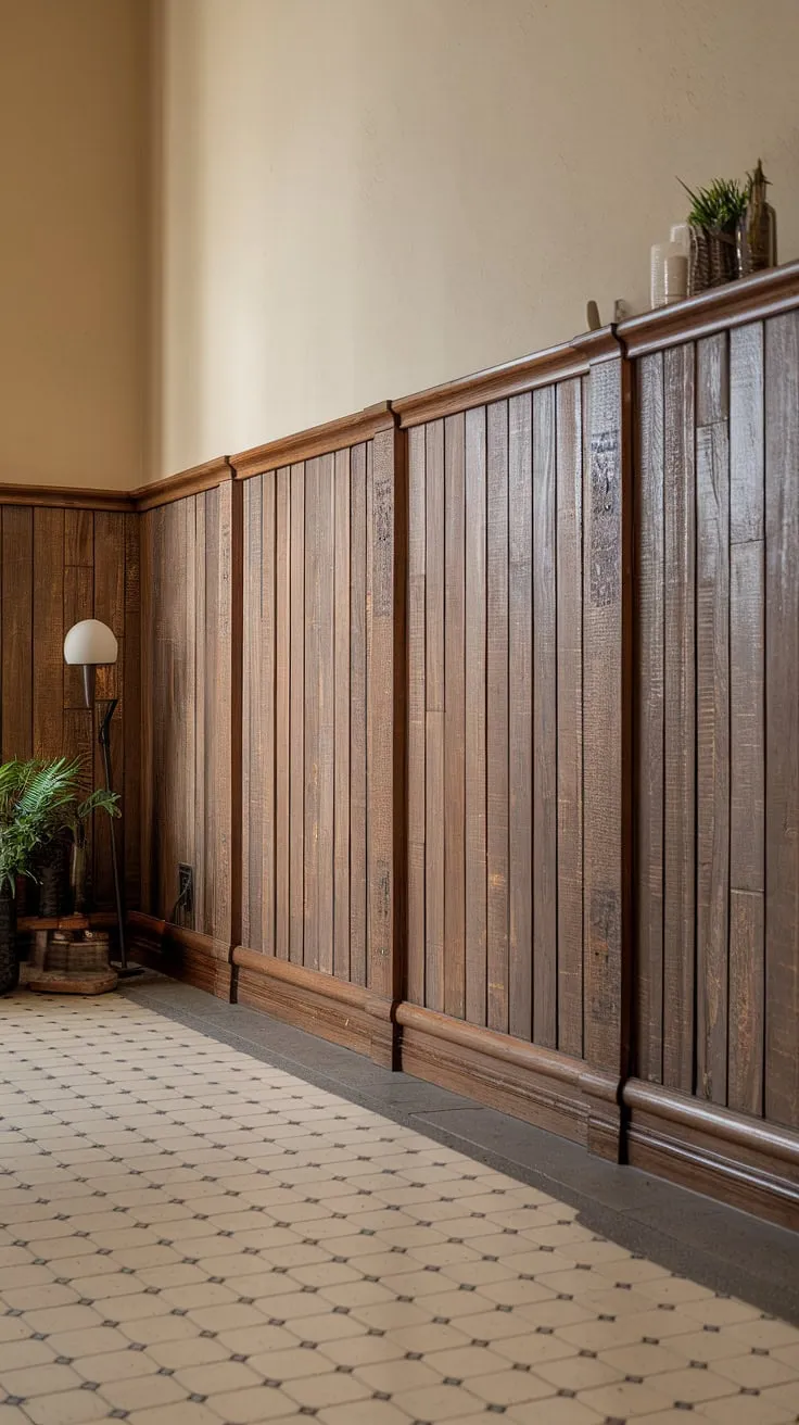 Rustic charm meets modern elegance in this hallway. The warm brown wood wainscoting, complemented by the beige walls and checkered floor, creates a welcoming atmosphere. A simple lamp and a touch of greenery add personality to this thoughtfully designed space.