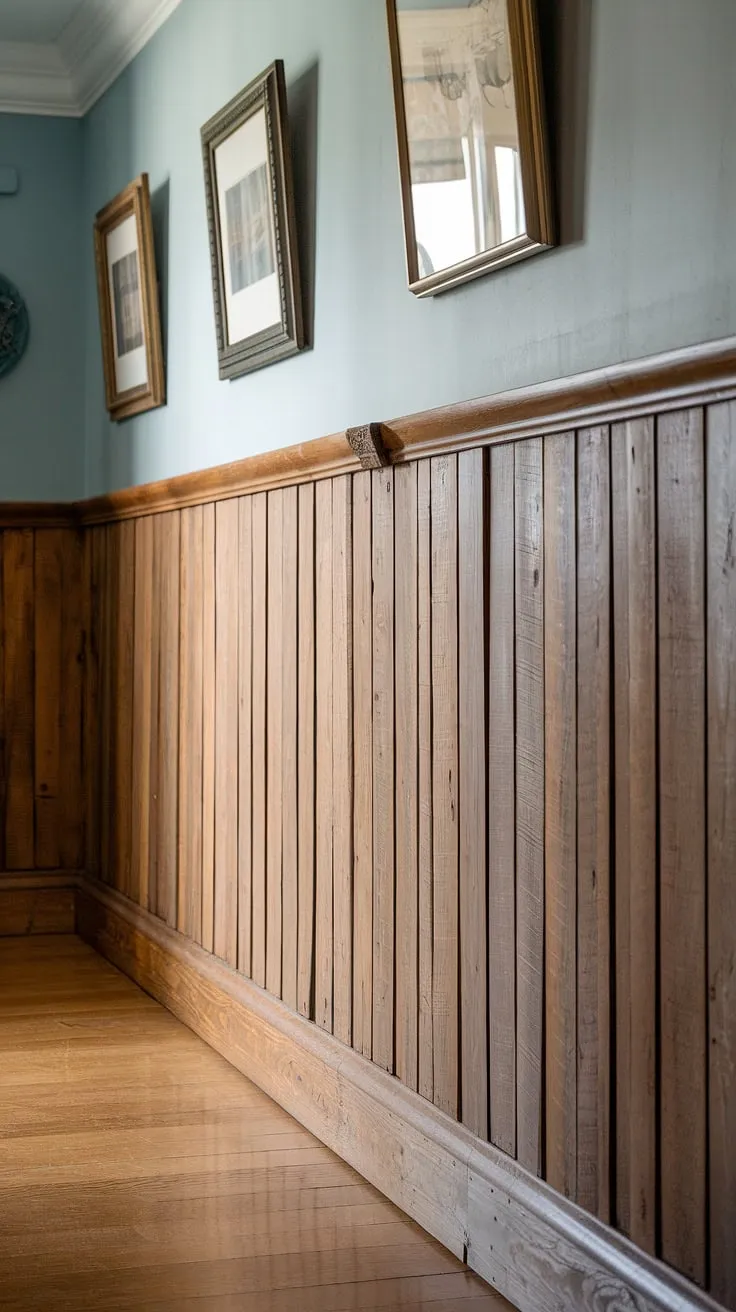 A hallway transformed. The rich tones of the wood wainscoting ground the space, while the soft blue above adds a touch of airy elegance. A collection of cherished photographs completes the look, creating a hallway that's both stylish and deeply personal. A testament to thoughtful design.