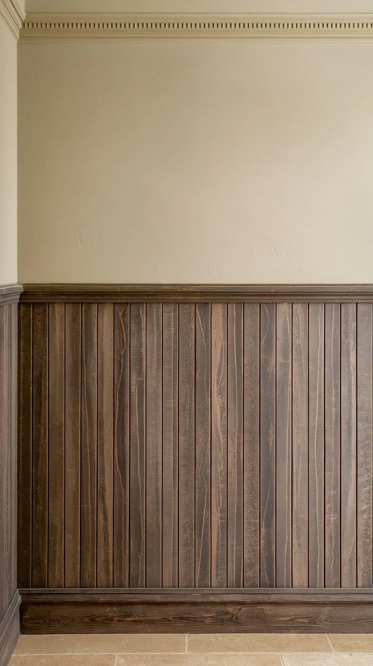 A study in contrasts: the rustic gray wainscoting anchors this hallway, while the soft beige above creates a sense of airy spaciousness. A subtle yet striking design choice, the interplay of textures and colors is truly captivating. A beautiful example of how simple details can elevate a space.