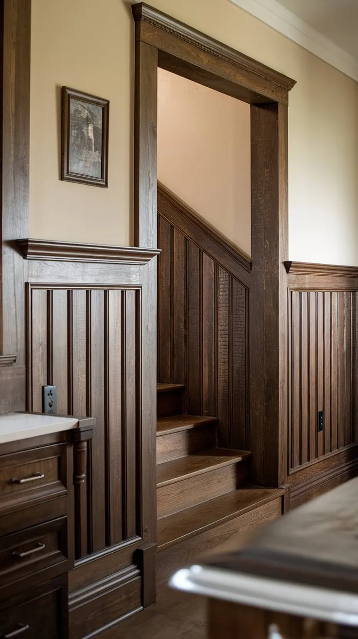 Warmth radiates from this rustic kitchen, where rich, dark wainscoting adds depth and character. The Craftsman-style detailing, especially the picture frame paneling near the stairs, elevates the space, creating a cozy and inviting atmosphere that extends seamlessly into the hallway. A testament to timeless design and meticulous craftsmanship.