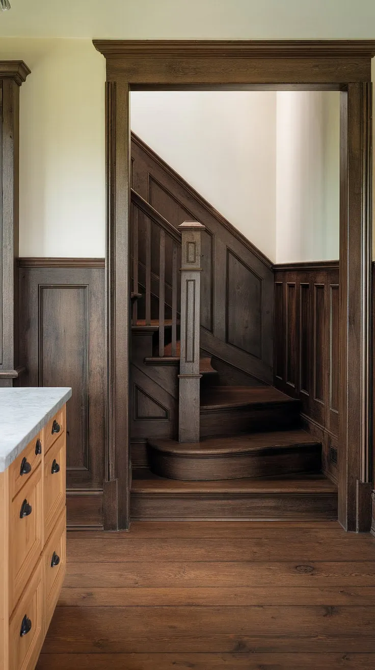 The rich, dark wood wainscoting anchors this rustic kitchen, its warmth extending to the staircase and creating a cozy, inviting atmosphere. The lighter upper walls add brightness, balancing the deep tones for a perfectly harmonious space. A testament to timeless design.