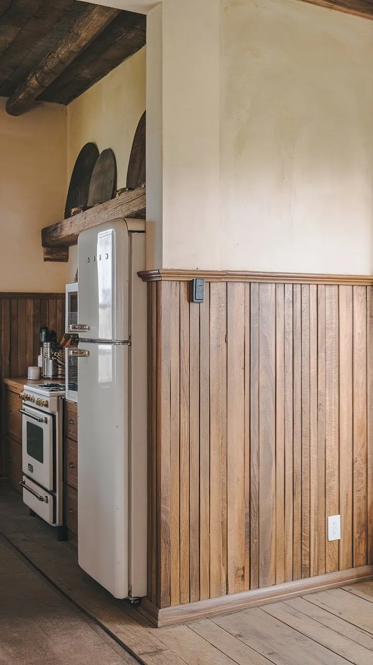 Warmth radiates from this rustic kitchen, where wood wainscoting creates a cozy, timeless ambiance. The rich textures of the wood, from the floor to the ceiling, seamlessly blend with the appliances, creating a space that feels both lived-in and inviting. A testament to enduring style.
