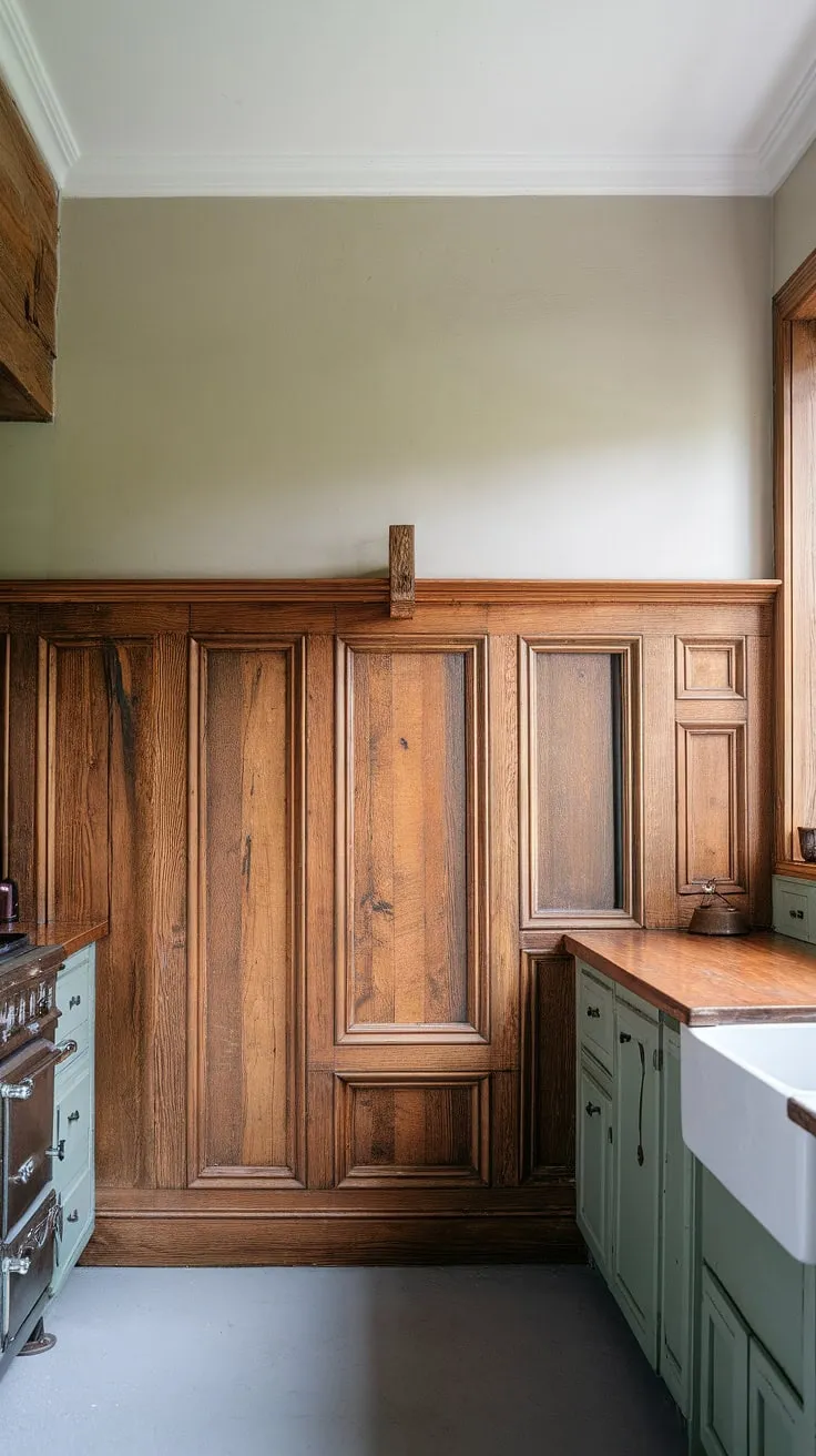 A touch of rustic charm meets modern functionality in this kitchen. The detailed wood wainscoting, with its elegant picture frame molding, adds a layer of sophistication. A space where comfort and style blend seamlessly.