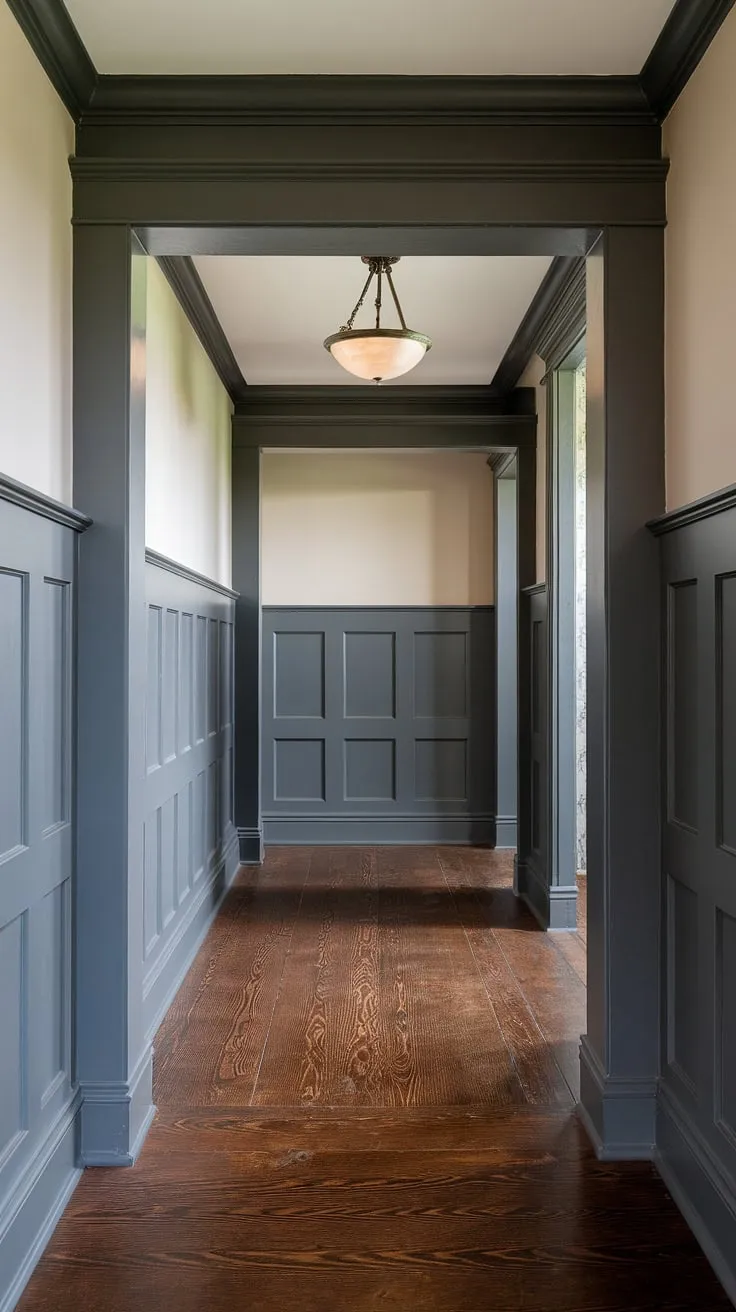 A captivating blend of rustic charm and modern elegance. The full-height dark wainscoting, detailed with picture frame molding, adds depth and character to this hallway. A perfect example of how dark wainscoting can transform a space.