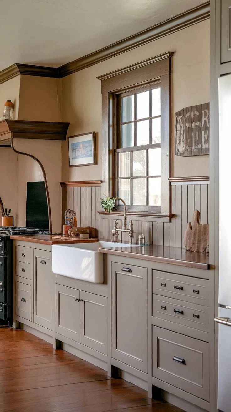 This kitchen's exquisite detail, from the picture frame wainscoting that elegantly extends to the cabinets to the warm wood floors, speaks to timeless craftsmanship and a dedication to creating a space that's both beautiful and functional. The neutral color scheme enhances the overall feeling of serenity and warmth.
