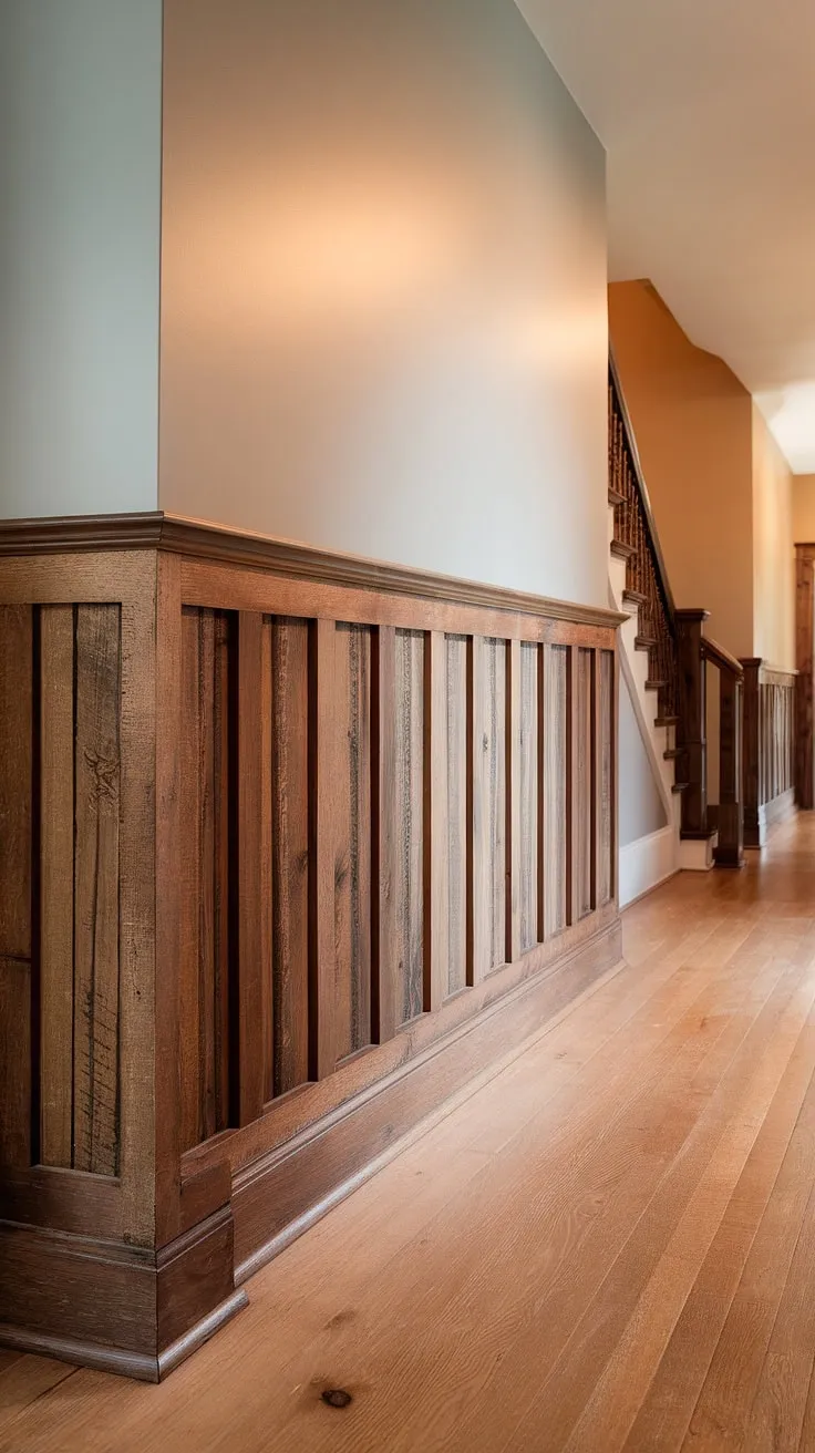 A captivating hallway, where the rich tones of the dark wooden staircase contrast beautifully with the light gray walls and rustic wood wainscoting. A feeling of warmth and welcome fills this inviting space, creating a truly unforgettable entrance. A home filled with character.