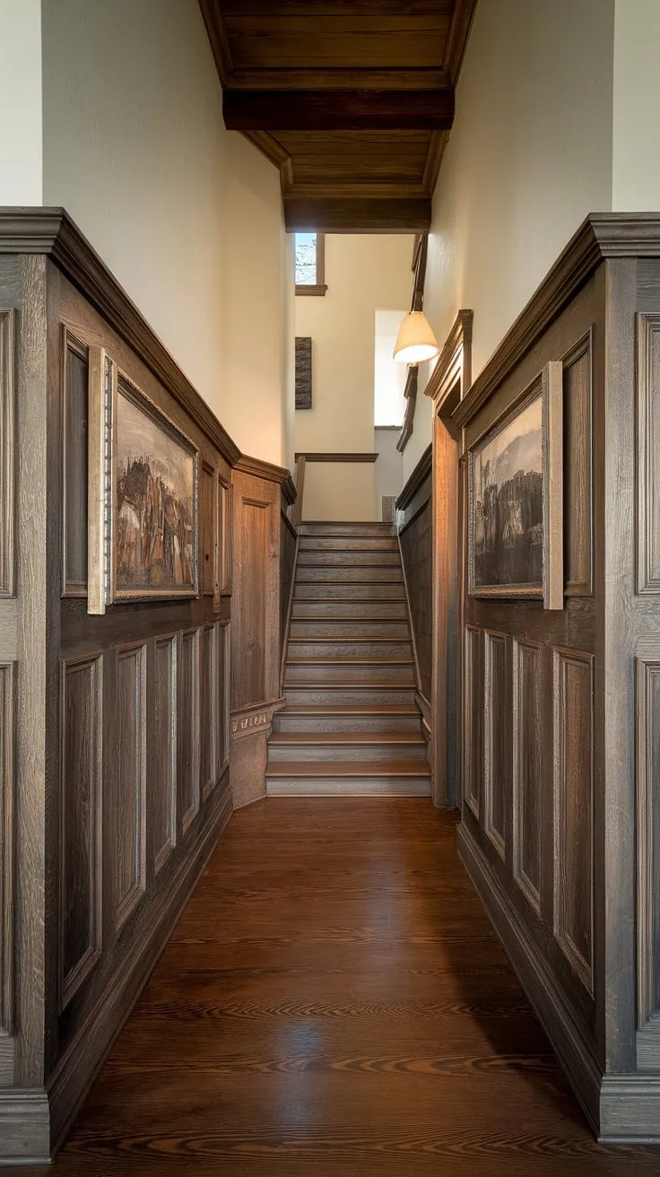 A dramatic interplay of light and shadow defines this hallway. The dark wood floors and walls contrast beautifully with the lighter upper walls and intricately framed wainscoting, creating a space both mysterious and inviting. A subtle glow from the wall lamp illuminates the path to the stairs, beckoning you to explore what lies ahead.