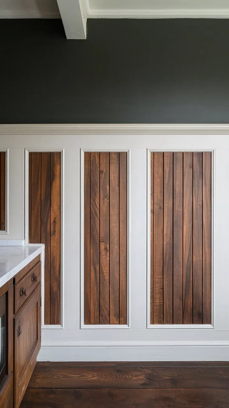 The warmth of the wood floors and the crisp contrast of the white wainscoting create a kitchen that's both rustic and refined. A perfect blend of textures and tones, this space feels inviting and effortlessly stylish. A testament to timeless design.