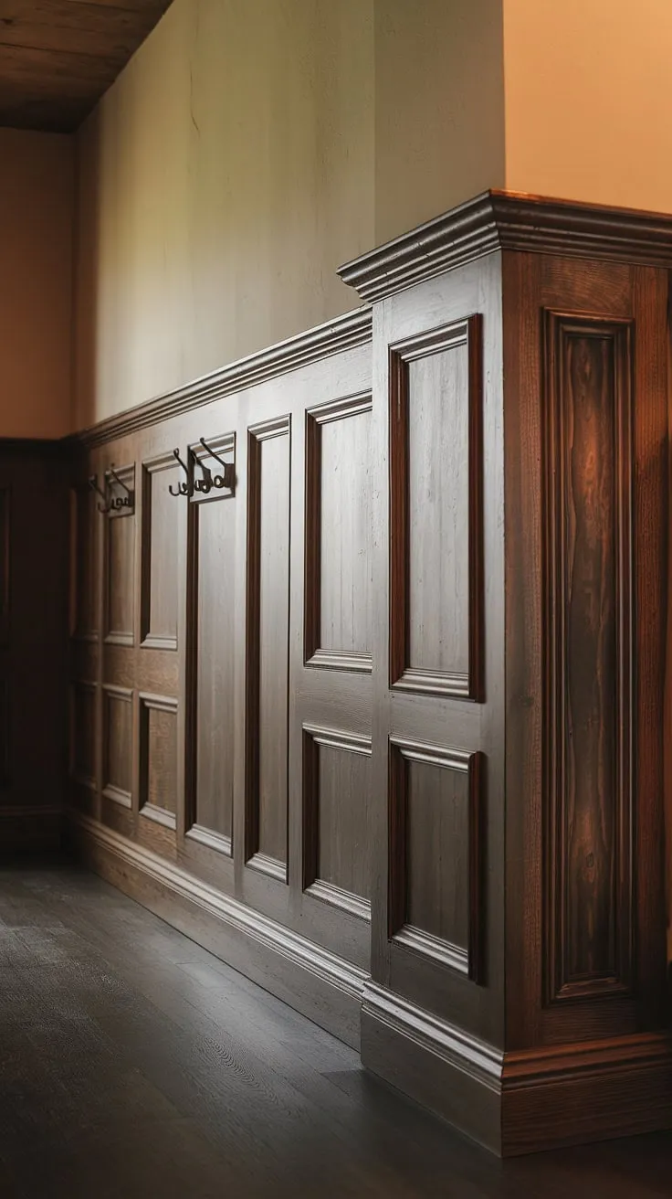 The rich, dark wood wainscoting, a testament to old-world craftsmanship, a creates a sense of warmth and history in this cozy hallway. The intricate carvings and picture frame molding add a touch of elegance to the rustic charm.