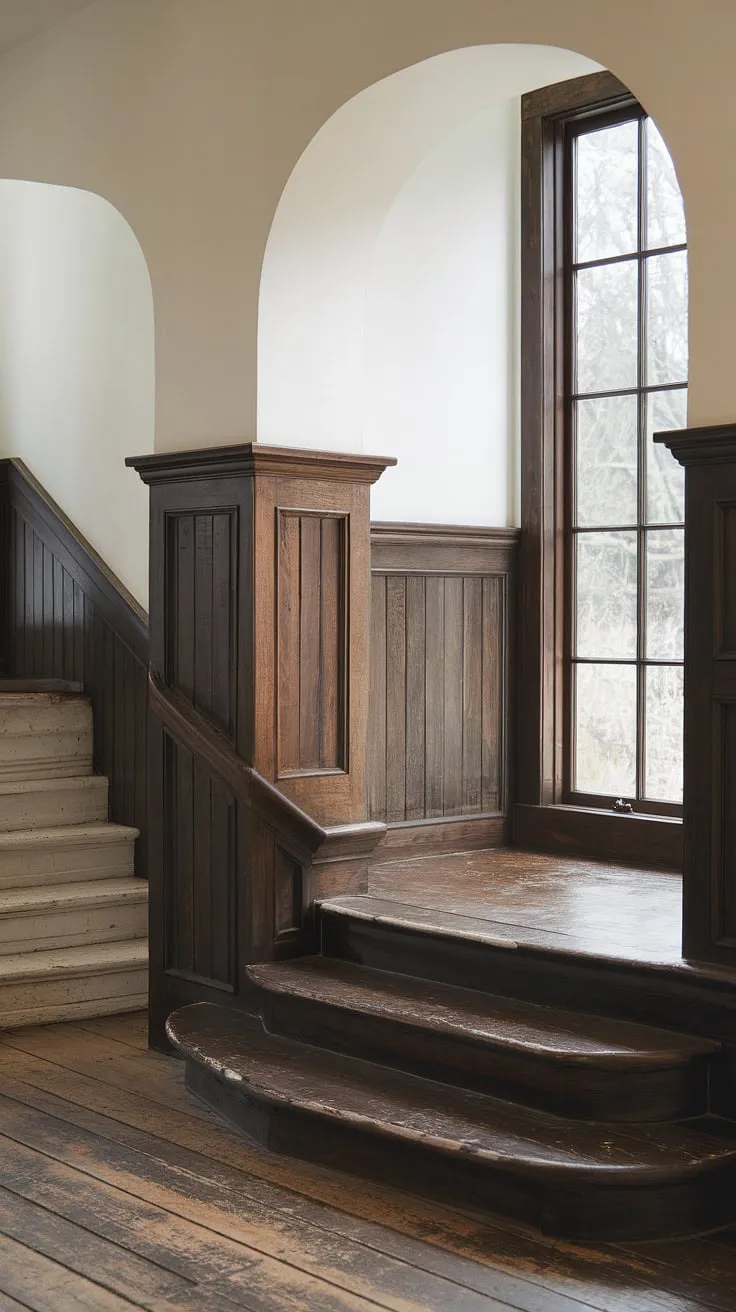 A stunning display of architectural detail: dark wood wainscoting climbs the stairs and lines the hallway, seamlessly transitioning into the rustic kitchen. The white upper walls and sunlit floors complete the look, creating a space that's both inviting and sophisticated. A testament to timeless design.