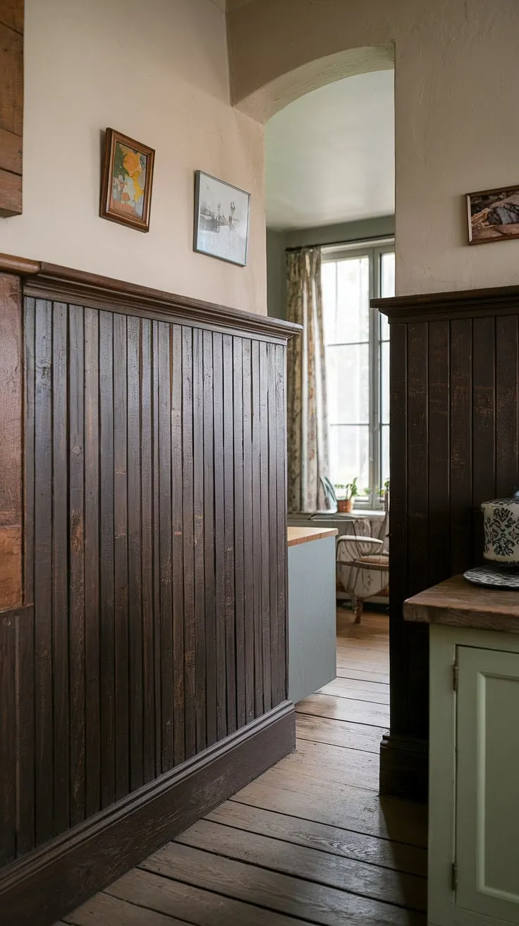 This rustic kitchen's stunning dark wood wainscoting is a captivating focal point, adding depth and character to the space. The simple, yet elegant design, complemented by the light-colored upper walls and wood flooring, creates a timeless and charming aesthetic. A true testament to classic design.