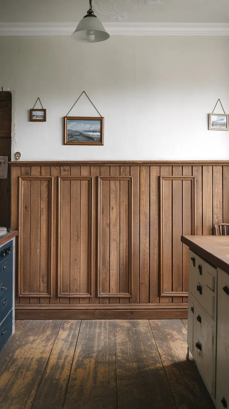 The warm glow of the pendant light dances across the rustic wood floors and picture-frame wainscoting, creating a cozy atmosphere in this charming kitchen. A perfect blend of old-world charm and modern comfort, this space is a testament to timeless design. A truly inviting heart of the home.