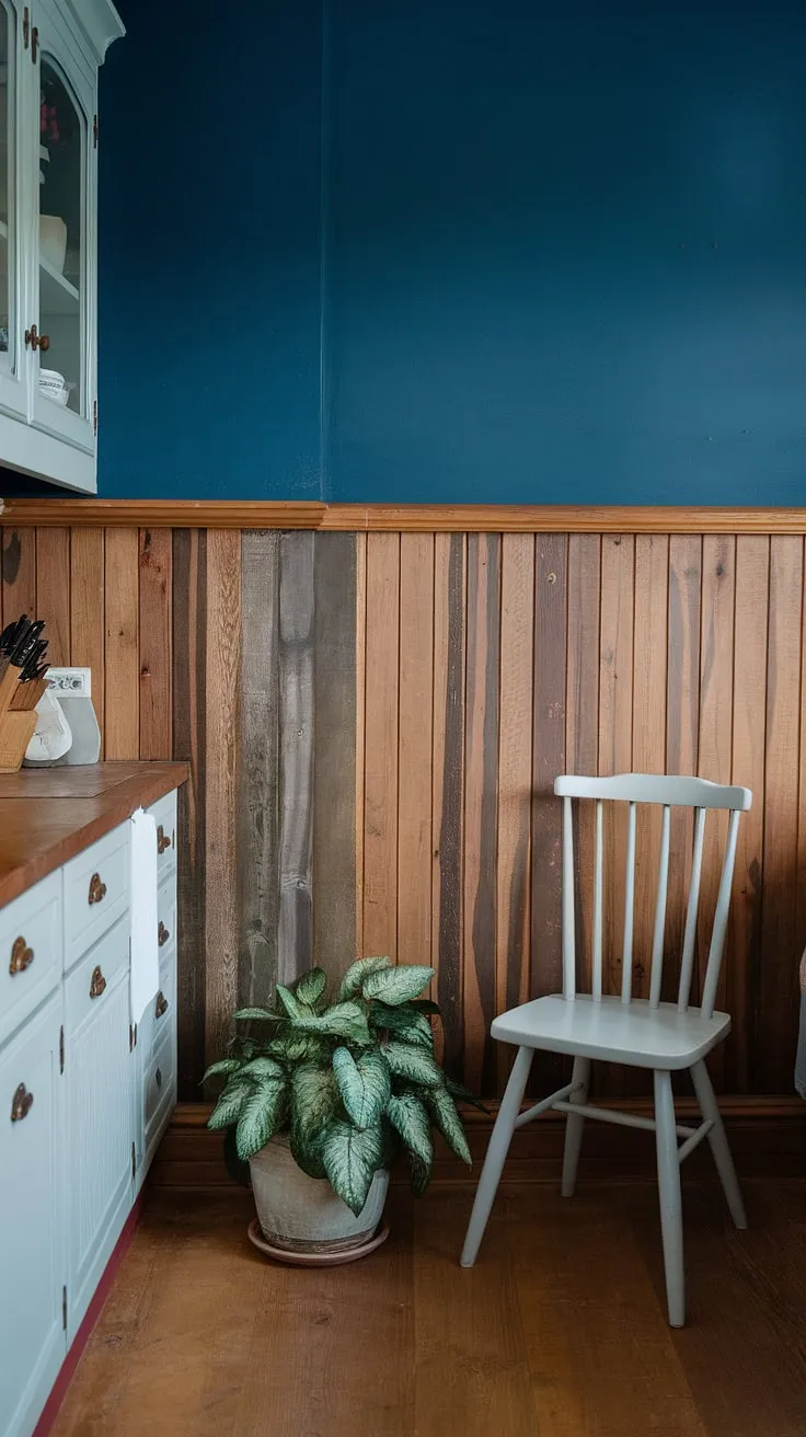The warmth of the wood floors and wainscoting is beautifully contrasted by the cool, deep blue of the upper walls. A simple white chair sits quietly in the corner, a perfect spot to enjoy a morning coffee. A small potted plant adds a touch of life to this carefully curated space. A kitchen that feels both lived-in and effortlessly stylish.