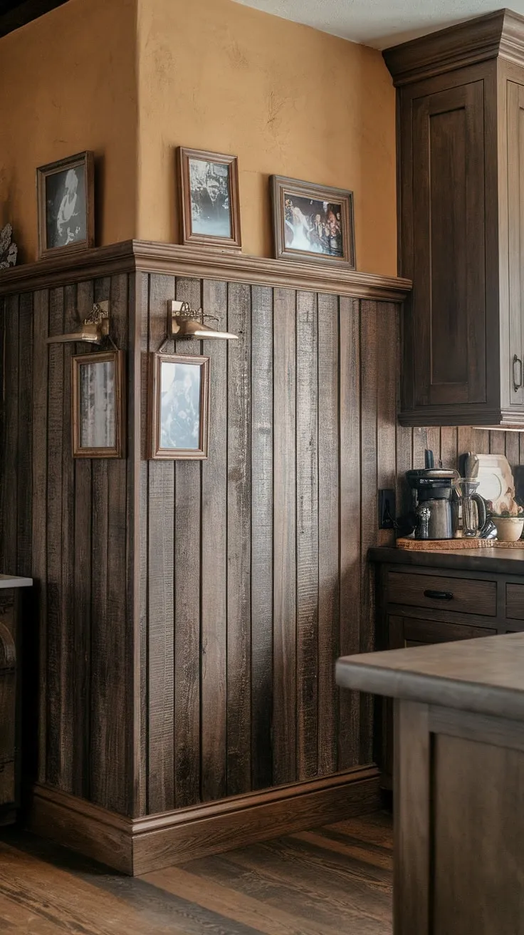 Rustic charm meets modern convenience in this kitchen. The dark brown wainscoting, adorned with vintage family photos, adds warmth and character, creating a space that feels both lived-in and lovingly curated. The rich wood tones throughout-from the wainscoting to the flooring-contribute to the cozy atmosphere, making it the heart of the home. A perfect blend of old and new.