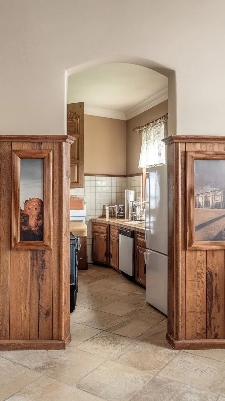 This kitchen seamlessly blends rustic elegance with modern functionality. The rich wood wainscoting, with its intricate picture frame design, anchors the room while the creamy walls and beige tile flooring maintain a sense of spaciousness and calm. A perfect example of how thoughtful design can transform a space.